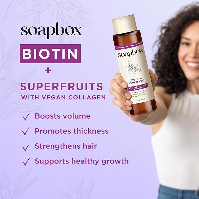 Soapbox Biotin Shampoo, Biotin & Collagen Super Fruit Shampoo for Thin, Fine, Thinning Hair | Volumizing & Repairing to Promote Hair Growth, Strength, Fullness, 1 Liter Pump Bottle