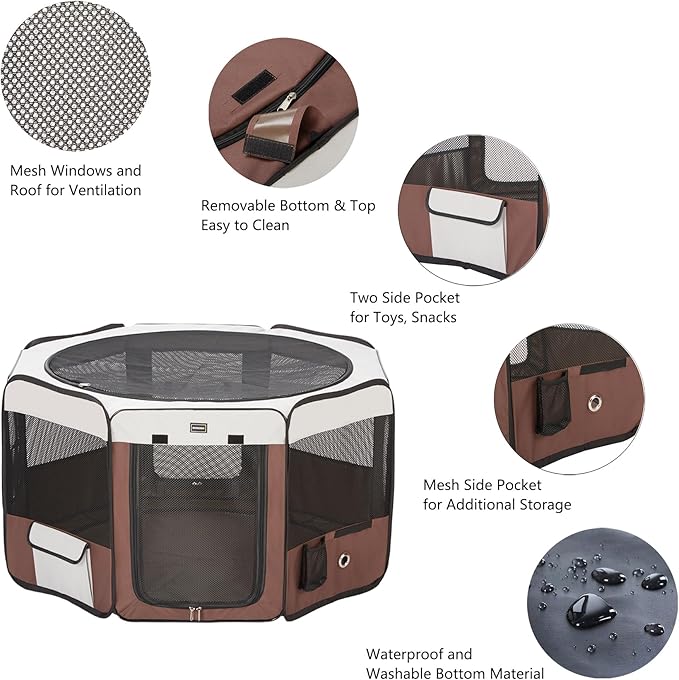 DONORO Dog Playpen Portable Pet Play Pens for Small Dog/Cat/Rabbit/Chicks, Cat Playpen Indoor/Outdoor with Carring Case, Removable Zipper Top and Bottom (Brown, Small (28"x28"x14"), 8)