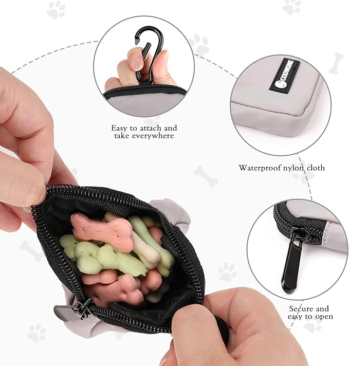 Dog Treat Pouch 2 PCS, Waterproof Small Dog Treat Bag for Leash, Hands Free Dog Walking Bag with Carabiner, Dog Poop Bag Holder for Pet Puppy Travel or Outdoor Use, Zipper Closure to Avoid Spilling
