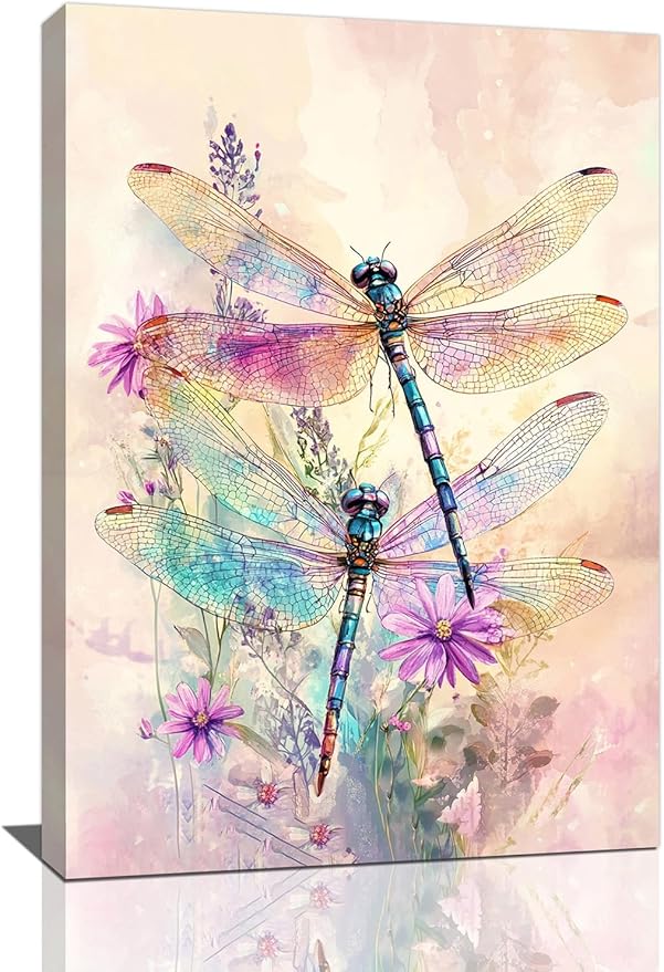 Dragonfly Bathroom Pictures Wall Art, Floral Bathroom Wall Decor, Framed Painting Canvas Artwork for Bedroom Living Room Decorations 24"L x 16"W