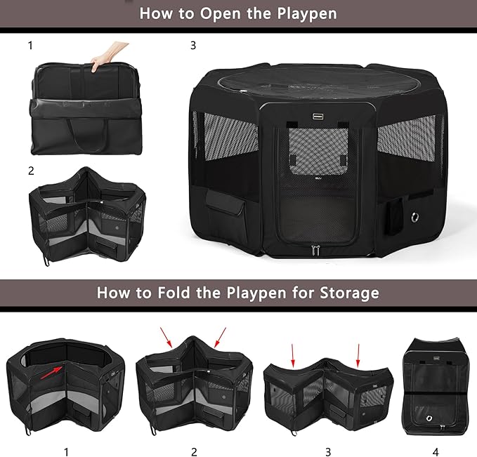 DONORO Dog Playpen Portable Pet Play Pens for Small Dog/Cat/Rabbit/Chicks, Cat Playpen Indoor/Outdoor with Carring Case, Removable Zipper Top and Bottom (Black, Large (46"x46"x23"), 8)