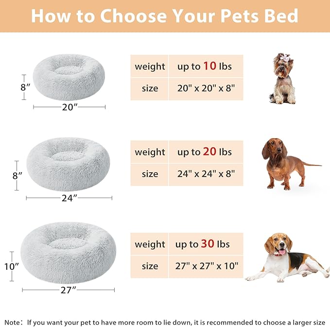 WNPETHOME Calming Dog Bed Cat Bed Donut, Faux Fur Pet Bed Self-Warming Donut Cuddler, Comfortable Round Plush Dog Beds (24 x 24 Inch, Light Grey)
