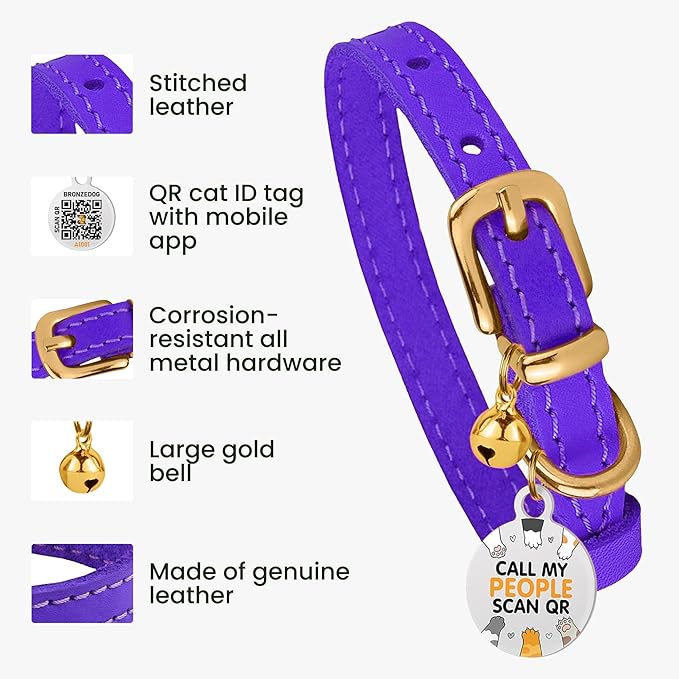 BRONZEDOG Leather Cat Collar with Removable Bells Non Breakaway Kitten QR Tag for Girl Boy (7" - 9" for Cats, Purple & Gold)