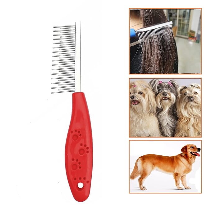 Dog or Cat Comb Grooming with Short and Long Teeth Dematting Knots Tangles Remover Combs Detangler Tool Suitable for Dogs Cats Poodle HorseStainless Steel Pin (Red)