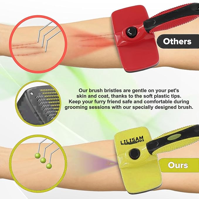 Pet Self Cleaning Slicker Brush and Grooming Comb - Gently Removes Loose Hair, Tangles, and Dirt - Skin Friendly Deshedding Grooming Tool for Hair Dogs & Cats - Pet Supplies Accessories (Yellow)