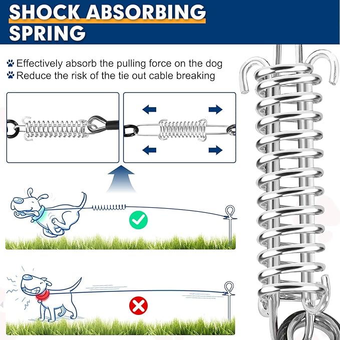 Snagle Paw Dog Tie Out Cable 30FT-1000LBS Break Strength,Heavy Duty Dog Leads for Yard with Shock Absorbing Spring & Swivel Hook,Long Leash Cable for Outdoor Tethering,Dog Line for Small Large Dogs
