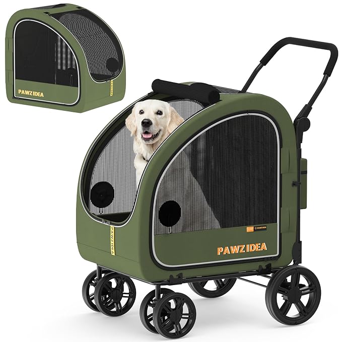 PAWZIDEA Dog Stroller for Large Dogs, Collapsible Pet Stroller with Detachable Carrier, Portable Dog Crate for Car Seat, Adjustable Handle, All-Terrain 9” Wheels, Ideal for Travel & Outdoor Adventures