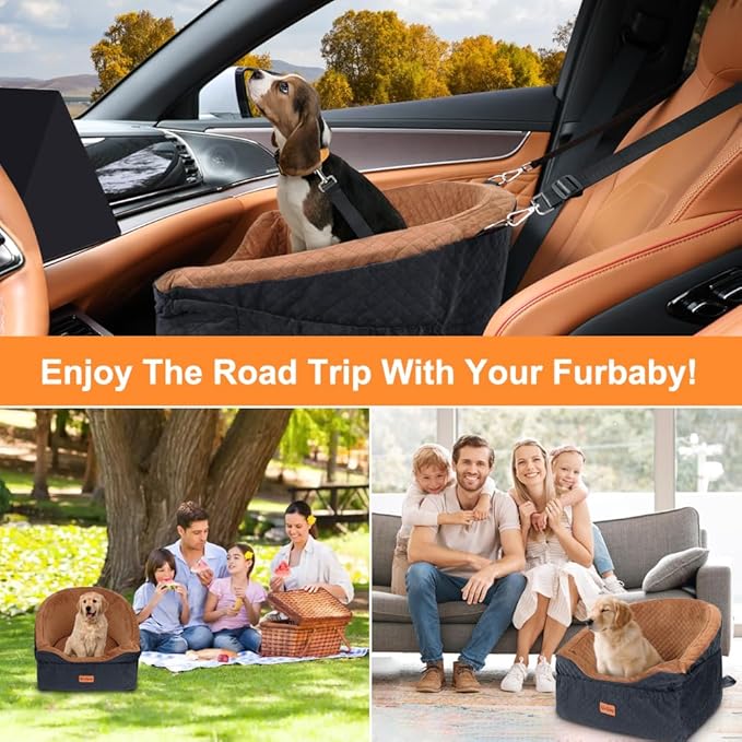 Vivifying Dog Car Seat for Small & Medium Dogs, Detachable & Washable Booster Seat for Pets Up to 30lbs, Travel Bed with Storage Pockets and Safety Belt – Brown&Black