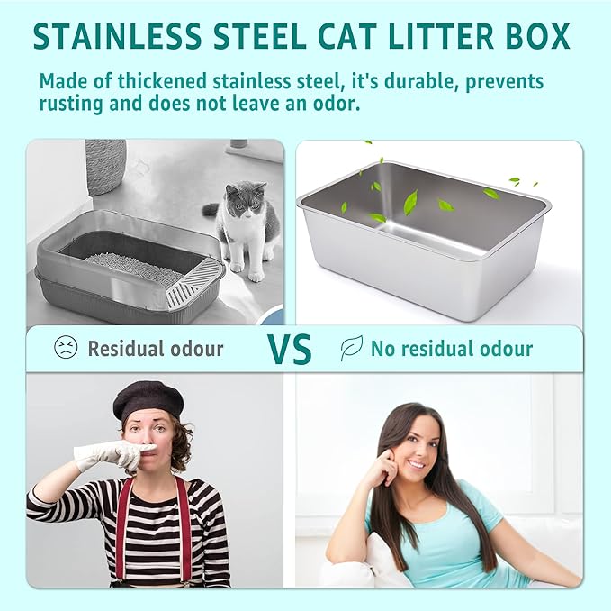 Stainless Steel Litter Box,Metal Litter Box for Big Cats 8IN Deep, Cat Litterbox 2 Pack Easy to Clean-High Sided,Stainless Steel CatLitters Box for Adult Cats,Non Stick, No Smell