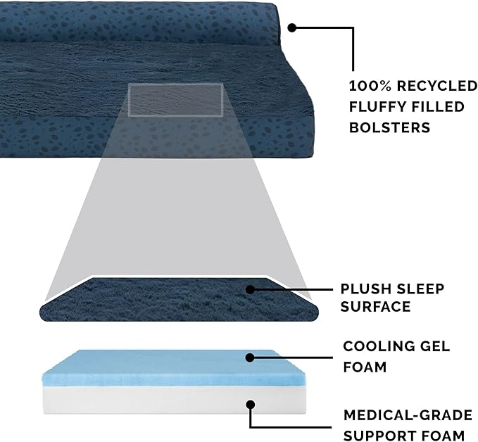 Furhaven Cooling Gel Dog Bed for Large Dogs w/ Removable Bolsters & Washable Cover, For Dogs Up to 95 lbs - Plush & Almond Print L Shaped Chaise - Blue Almonds, Jumbo/XL