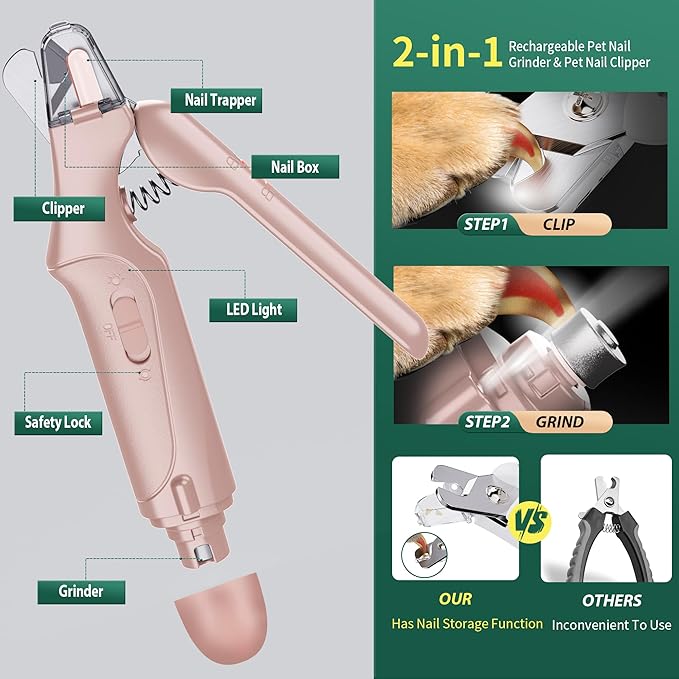 2 in 1 Cat Nail Clippers & Dog Nail Clippers Trimmers for Large Medium Small Dogs Cats Claw Trimmer Quick Sensor and Safety Guard USB Rechargeable with 2 LED Lights Dogs Nail Trimmer
