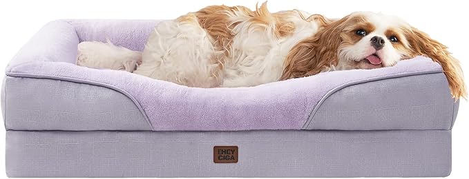 EHEYCIGA Memory Foam Dog Bed for Large Sized, Orthopedic Dog Sofa with Sides and Waterproof Liner, Washable Bolster Pet Couch with Removable Cover, 36x27x7 Inch, Purple