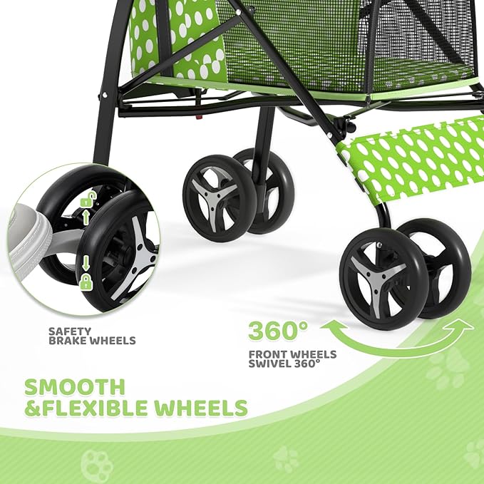 Magshion Compact Pet Stroller for Small-Medium Dogs/Cats up to 22lbs, 4-Wheel Lightweight Umbrella Shaped Portable Puppy Travel Jogger with Breathable Mesh & Rear Storage, Lawn Green Polka Dots