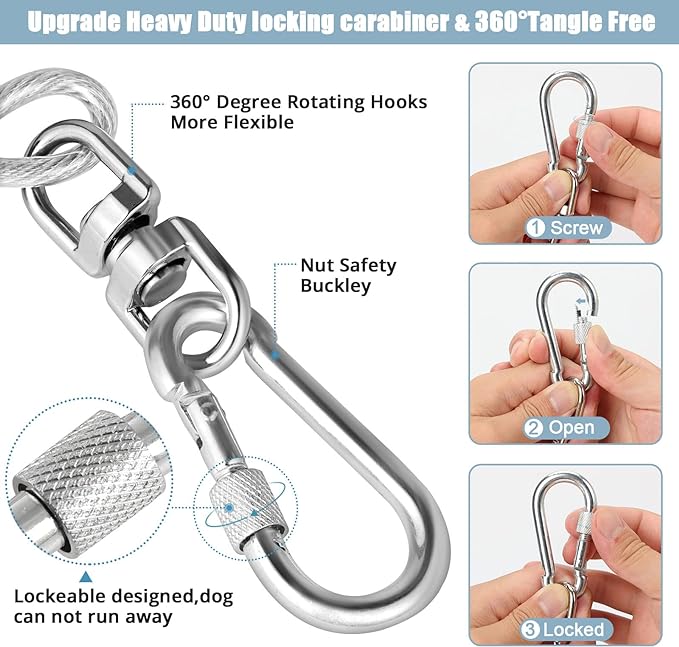 Jenico Dog Tie Out Cable - 10/15/20/30/40/50/70/100/150FT Runner Cable with Swivel Hook and Shock Spring, for Small to Medium Pets Up to 500 LBS