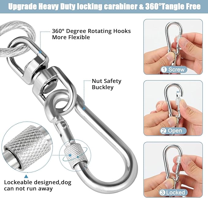 jenico Dog Tie Out Cable, 10/15/20/30/40/50/70/100/150FT Dog Runner Cable with Swivel Hook and Shock Spring, Dog Leash Run Tether for Yard Outdoor and Camping,for Small to Medium Pets Up to 500 LBS