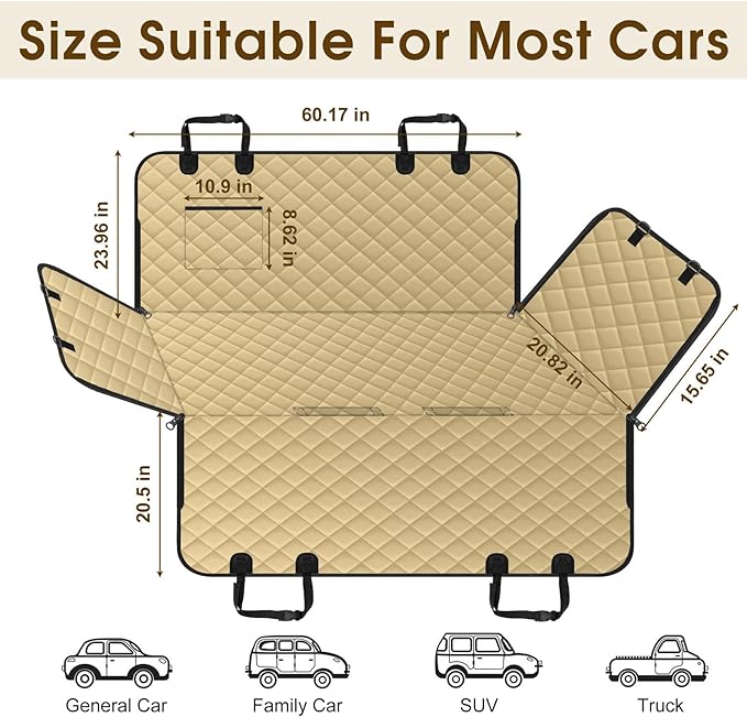 Waterproof Dog Car Seat Cover for Back Seat - Durable, Scratch Proof Pet Hammock with Nonslip Design & Storage Pockets, Fits Cars, SUVs, Trucks - L, Khaki/Black