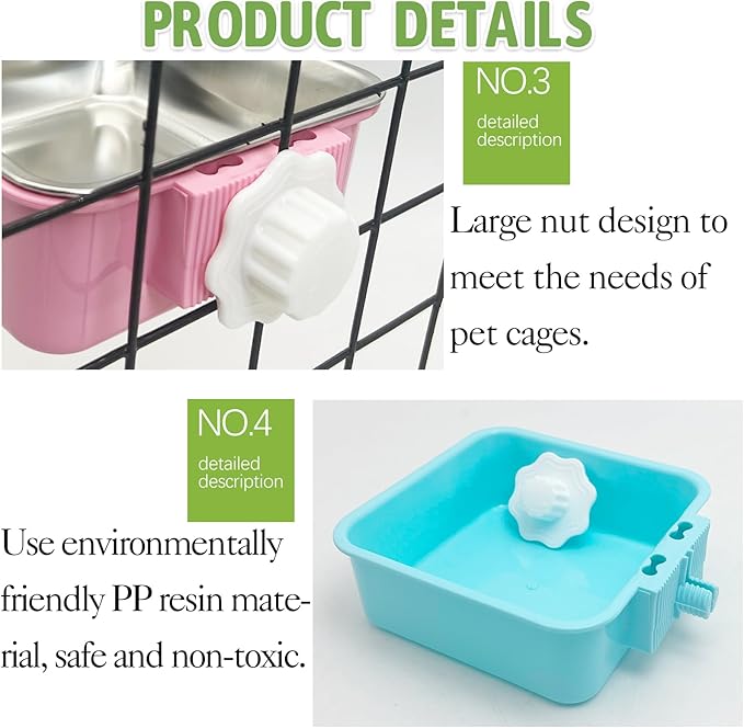 kathson Crate Dog Bowl, Removable Stainless Steel Hanging Pet Kennel Cage Bowl Food & Water Feeder Coop Cup for Puppy, Cat, Rabbit,Guinea Pigs 3pcs Square(Blue,Green,Pink)