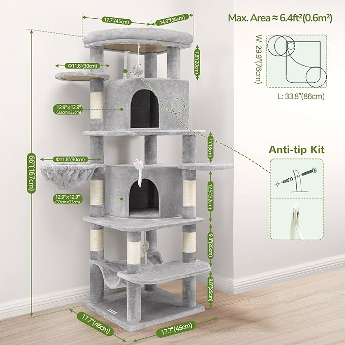 Globlazer Corner Cat Tree for Large Cats, 66inch Tall Curved Series Large Cat Tower for Multiple Indoor Cats with 6 Scratching Posts, 2 Spacious Cat Condos, Hammock, Hanging Basket, C66, Light Grey