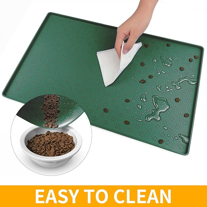 Ptlom Pet Placemat for Dog and Cat, Waterproof Silicone Pet Feeding Bowl Mats for Food and Water, Small Medium Large Dogs Mat Prevent Residues from Spilling to Floor, Hunter Green, 24.5" 16.5"