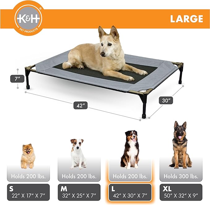 K&H Pet Products Outdoor Elevated Dog Cot, Breathable Cooling Elevated Cot Hammock Pet Bed for Large Dogs, Washable Mesh Cover, Raised Metal Frame, Collapsible, Portable - Large 42 X 30in Gray