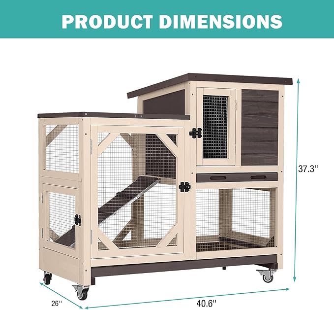 Rabbit Hutch Indoor for 2-4 Rabbits & Guinea Pigs，Bunny Cage with Slide-Out Plastic Trays，Wooden Small Animal Cage for Rabbits, Bunnies, and Guinea Pigs (Dark Brown)