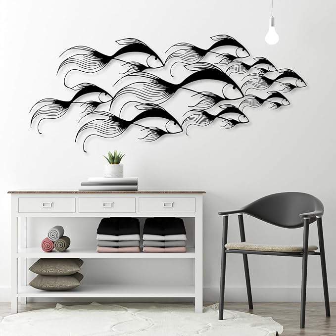 School of Fish Metal Wall Art, Metal Fish Wall Decor, Sea Life Wall Art, Large Nautical Wall Hanging, Modern Beach House Wall Decor, Ocean Themed Artwork for Bathroom (Gold, 30"x12" | 76x32cm)