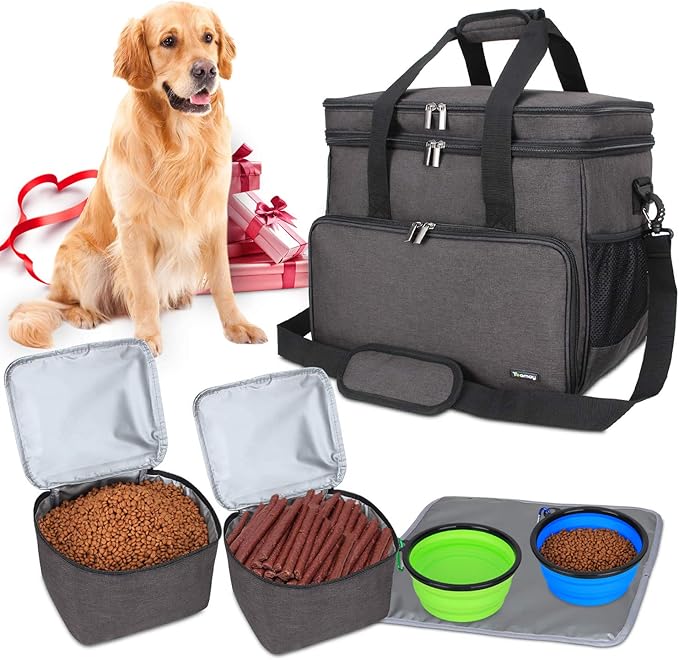 Teamoy Double Layer Dog Travel Bag, Dog Bag for Supplies with 2 Silicone Collapsible Bowls, 2 Food Carriers, 1 Water-Resistant Placemat, Pet Supplies Weekend Tote Organizer (Large, Black)