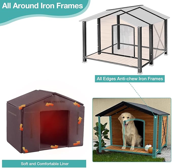 Outdoor Dog House,Weatherproof Wooden Dog Shelter for Medium and Large Sized Dogs,Iron Frame Indoor Outdoor Kennel,Pets Warm House in Winter with Large Porch (34.25"D x40.59"W x 31.5"H -IN)