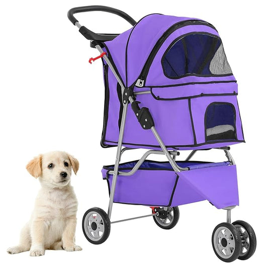 Foldable Pet Stroller,Dog Stroller with 3 Wheel,Pet Strolling Cart,Dog Travel Carrier with Storage Basket and Cup Holder for Dog Puppy,Purple