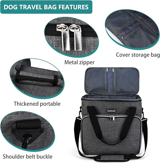 BAGLHER Dog Travel Bag, Pet Travel Bag (ALL Pet Travel Supplies), With 2 Pet Food Containers and 2 Collapsible Silicone Bowls; Essential Kits for Pet Travel Grey