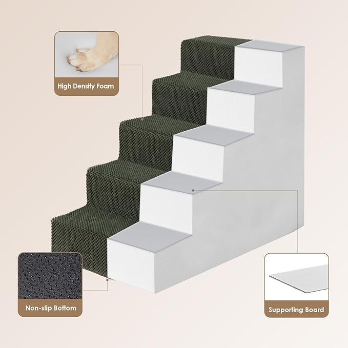 EHEYCIGA Dog Stairs for High Bed 22.5" H, 5-Step Dog Steps for Bed, Pet Steps for Small Dogs and Cats, Non-Slip Balanced Pet Ramp Indoor, Olive Green
