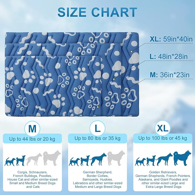BEAUTYZOO Dog Cooling Mat- Upgraded Thicken Cooling Mat for Large Dogs Reversible(Cool & Warm) Pet Ice Cool Bed Washable & Portable, Summer Crate Pad for Big Dog Puppy Up to 100 lbs, Paw Blue 59X40IN