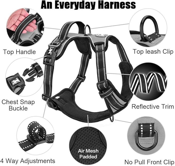 PoyPet No Pull Dog Harness, Reflective Comfortable Vest Harness with Front & Back 2 Leash Attachments and Easy Control Handle Adjustable Soft Padded Pet Vest for Small to Large Dogs (Gray,S)