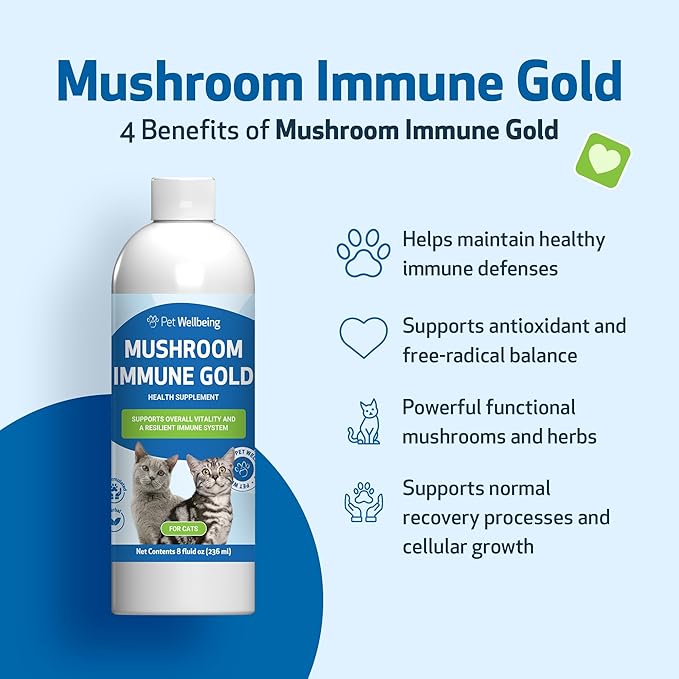Pet Wellbeing Mushroom Immune Gold for Cats - Holistic Immune Support with Reishi, Maitake, Turkey Tail, and Milk Thistle - Veterinarian-Formulated Functional Mushroom Supplement 8 oz (237 ml)