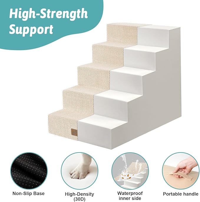 Dog Stairs for Small Dogs, 5 Tier Wider Pet Stairs for High Beds, 23.6" H Non-Slip Dog Steps for Old Cats, Puppies, Small Medium Dogs, 29.5x19.7x23.6 inch, Beige