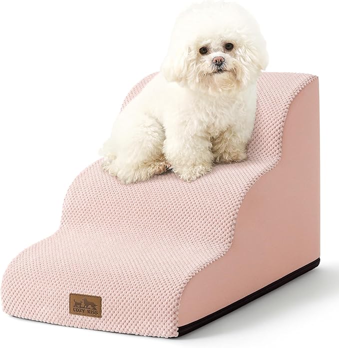 Dog Stairs for Small Dogs 15.7" H, Curved Dog Step for Puppy, Older Cat, Medium Pet Ramp for Sofa, Couch or Bed, Ladder with High Density Foam, 15.7x22.4x15.7 inch, 3 Step, Pink