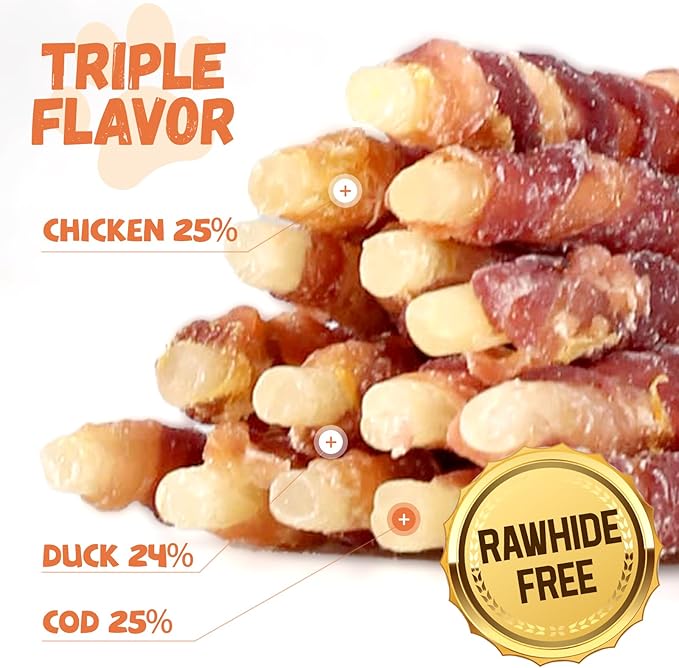 Triple Flavor Dog Treats, Chicken Duck Wrapped Cod Sticks, Rawhide-Free Grain-Free Soft Chewy Treats Natural Ingredients, Training Snacks for Small Medium Large Dogs, 15-17 Counts, 10.6 oz