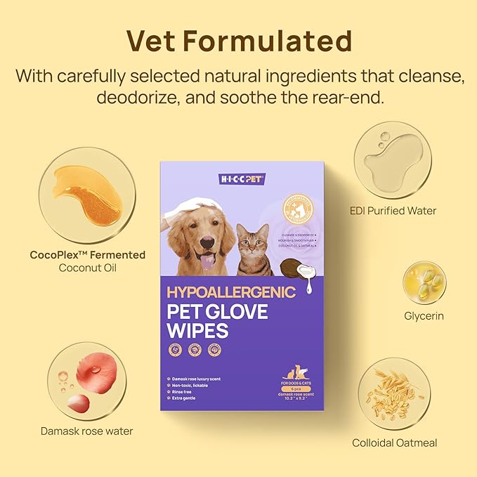HICC PET Cleaning Deodorizing Glove Wipes for Dogs & Cats, Vet Recommended Hypoallergenic Pet Cleaning and Hydrating Glove Wipes, Nourish Fur Coconut Oil Pet Bathing Wipes for Horse Coat Care