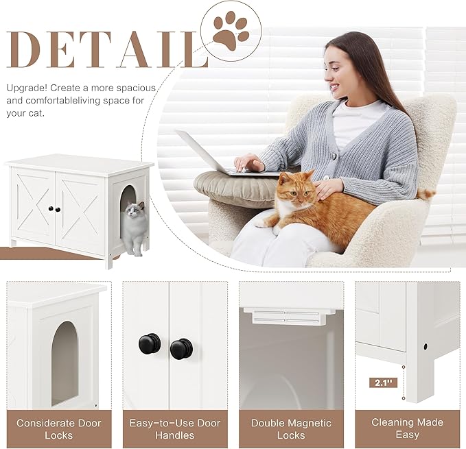 JY QAQA Cat Litter Box Enclosure,Litter Box Furniture Hidden with Barn Door,Wooden Cat Washroom Furniture,Cat House,Fit Most of Litter Box,White