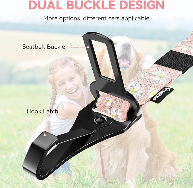 Pawaboo 2Pack Dog Seatbelt for Car, 3-in-1 Dog Car Seat Belt Bungee, Dogs Tether for Cars with Buckle & Hook Latch, Adjustable Reflective Dogs Cars Harness Leash with 360° Lockable Buckle, Light Pink