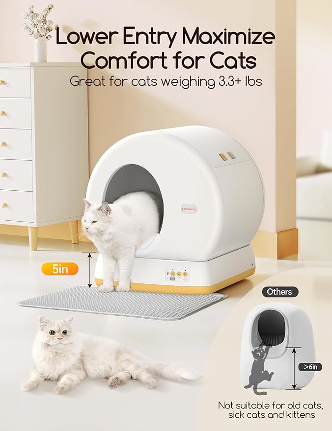 MeoWant Self-Cleaning Cat Litter Box, Advanced Safety System Automatic Cat Litter Box Perfect for Multi Cats, Extra Large/Odor Control/APP Control Smart Cat Litter Box with Mat & Liner, Yellow