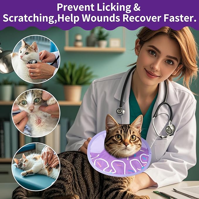 Cat Recovery Collar Lightweight Soft Cats Cone Cute Donut Shape Adjustable Fasteners Waterproof Pet Collar After Surgery to Prevent Licking for Kitten and Puppy (Purple, Medium)