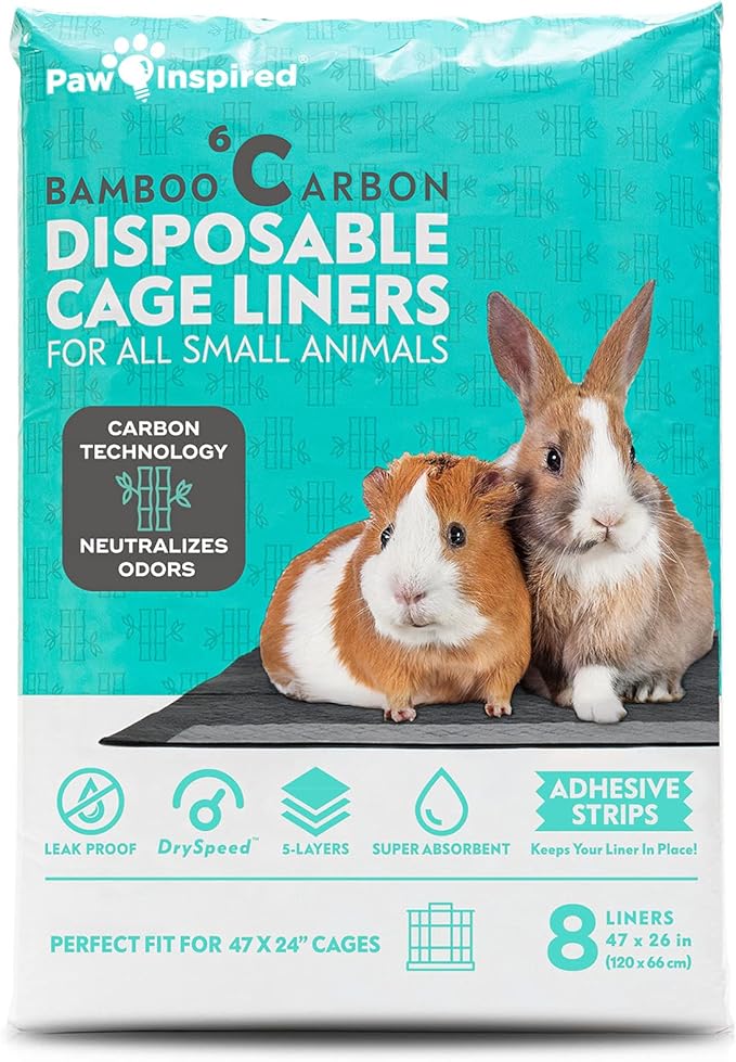 Paw Inspired Disposable Guinea Pig Cage Liners | Bamboo Charcoal Odor Controlling | Super Absorbent Liners Pee Pads for Ferrets, Rabbits, Hamsters, and Small Animals (47" x 26" (Midwest), 8 Count)