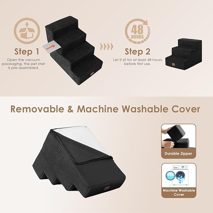 EHEYCIGA Dog Stairs for Small Dogs 13.5" H, 3-Step Dog Steps for Couch Sofa and Chair, Pet Steps for Medium Cats, Non-Slip Balanced Pet Ramp Indoor, Black