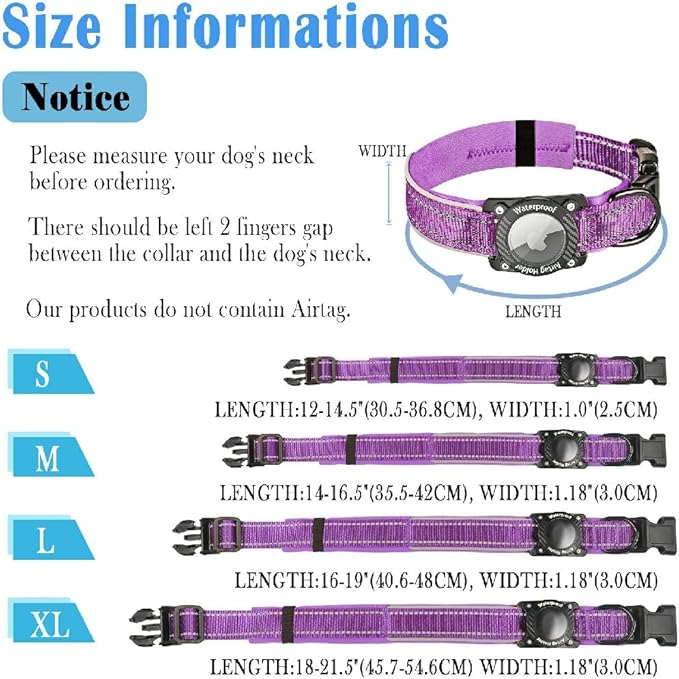 Upgraded AirTag Dog Collar, IP68 Waterproof Dog Collar with Apple Air Tag Holder, Reflective Adjustable Heavy Duty Dog Collars with Soft Padded for Small, Medium and Large Dogs,Purple, S