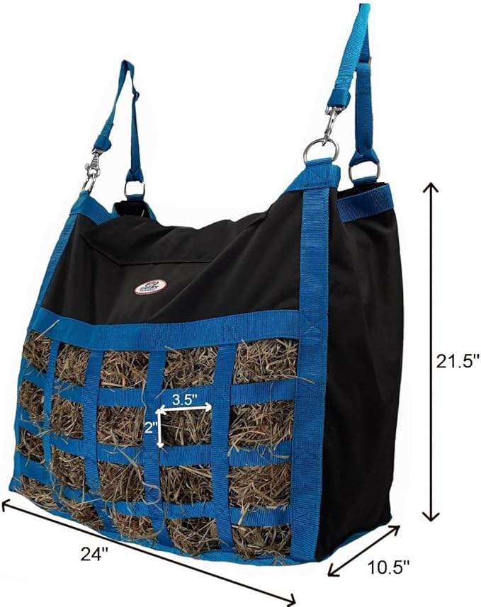 Supreme Slow Feed Top Load Hay Bag with Super Tough Bottom with 2" x3.5” Rectangular Openings and 6 Month Warranty (Purple Lime Green Trim)