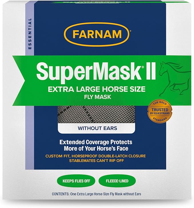 Farnam SuperMask II Fly Mask Without Ears for Larger Horses, Full Face Coverage and Eye Protection from Insect Pests, Structured Classic Styling Mesh with Plush Trim, XL Size
