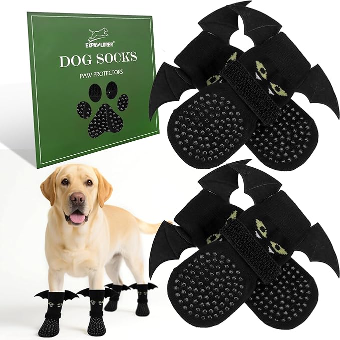 EXPAWLORER Halloween Anti Slip Dog Socks to Prevent Licking Paws, Boots & Paw Protectors with Grippers,Doggie Booties for Hardwood Floors for Small Medium Large Senior Dogs Costume Black Devil Wings L