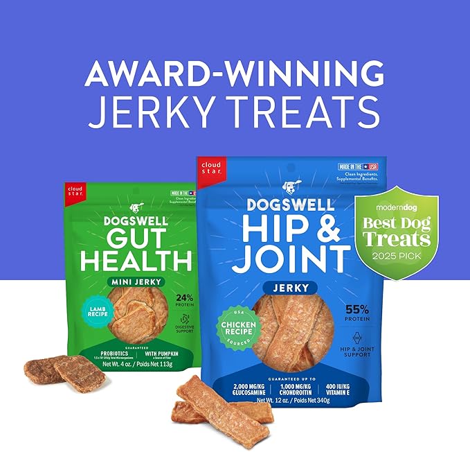 DOGSWELL Gut Health Mini Jerky Functional Dog Treats, Lamb 4 oz. Bag