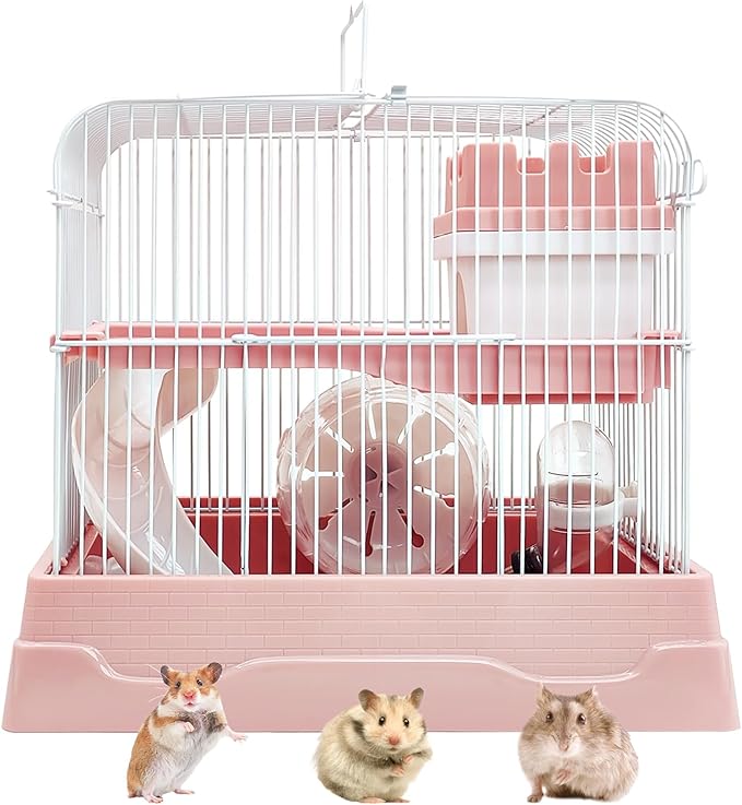 PINVNBY 2-Tier Dwarf Hamster Cage, Travel Portable Mouse Cage Gerbil Cages and Habitats Small Animal Carrier with Castle House Running Exercise Wheels, Water Bottle and Food Dis